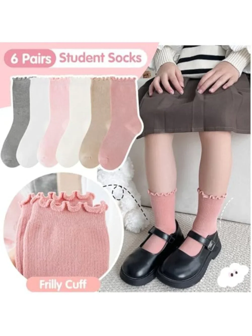 Girls Ruffle Crew Socks - 6 Pairs Frilly Cotton Uniform School Socks